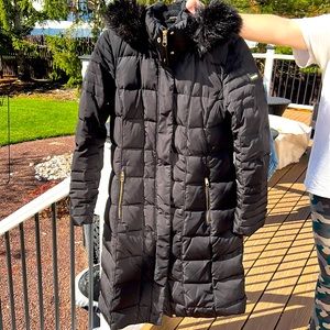 Black Midi Length Puffer Coat with Faux Fur Hood